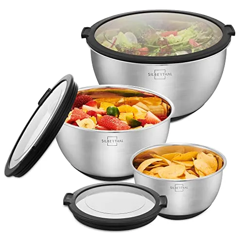 SILBERTHAL Set Ciotole acciaio inox cucina | Ciotole di miscelazione con coperchio ermetico | Insalatiera inox 1,4L / 2,8L / 4,7L