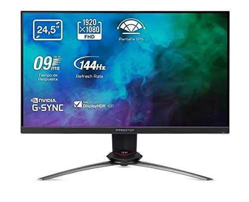 Acer Predator XB253QGP - Monitor Gaming G-SYNC Compatible 24,5" Dispaly IPS Full HD, 144 Hz, 2 ms, HDMI 2.0, DP 1.2a, USB3.0, 400 cd/m2, ZeroFrame, Speaker, Cavi HDMI, DP, USB3.0 Inclusi, Nero