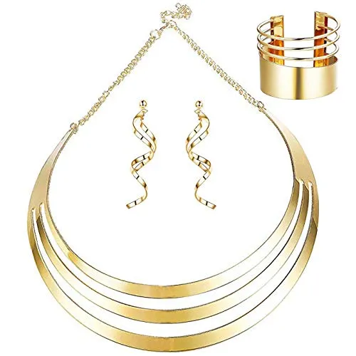 Finrezio Set Collana Girocollo con Bretelle Color Oro per Donne Braccialetti a Bracciale Largo Orecchini Pendenti di Dichiarazione Gioielli da Festival