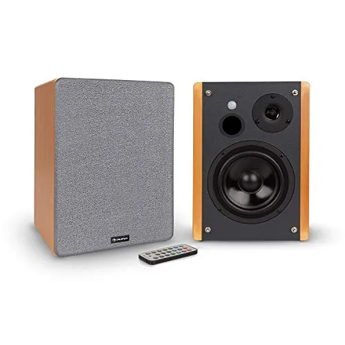 AUNA Line 500 A -Speakers da Mensola, Coppia Casse, Altoparlanti Attivi, 2 x 60 W, 2 x 30 W RMS, Woofer: 5"(12,5 cm), Tweeter: 1",(2,5 cm), Streaming Bluetooth, Porta USB/SD per MP3, Look Legno/Nero