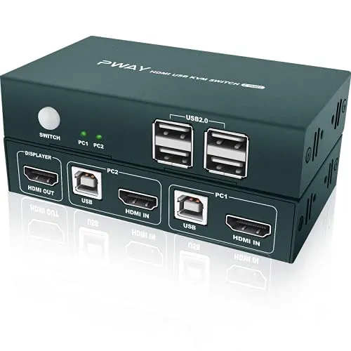 GREATHTEK HDMI KVM Switch USB 2 Porte, 4 USB2.0, 4K @ 30Hz, 2 PC 1 Monitor, 2 in 1 out, YUV 4: 4: 4, Ultra HD, Supporto Tastiera e Mouse Wireless, con Cavo