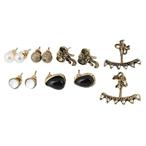 Timetries Orecchini in Bronzo (Set di 6) Orecchini a Forma di Elefante con Orecchini a Goccia con Diamanti e Perle per Donna