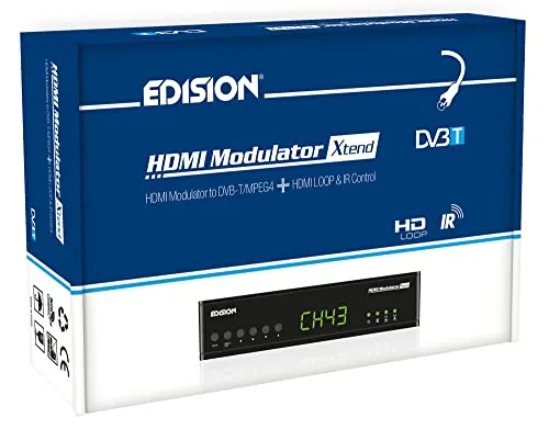 Edision HDMI MODULATORE Xtend, monocanale da HDMI a DVB-T MPEG4 FULL HIGH DEFINITION, con INGRESSO RF-in di miscelazione e CONTROL IR su COAX, HDMI loop
