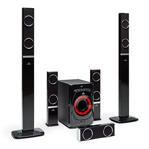 Auna Areal 825 - Sound System 5.1, Impianto Home Cinema 5.1, 200 Watt di Potenza RMS, Subwoofer Home Cinema da 8" + 5 Altoparlanti, Bluetooth, USB, SD, AUX, Telecomando incl, Nero