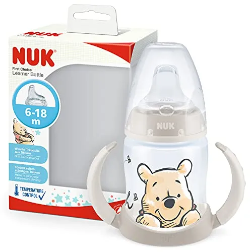 NUK First Choice+ bicchiere antigoccia | 6-18 mesi | Beccuccio in silicone a prova di perdite | Controllo temperatura | Sfiato Anti-Colica | Senza BPA | 150ml | Disney Winnie the Pooh Beige