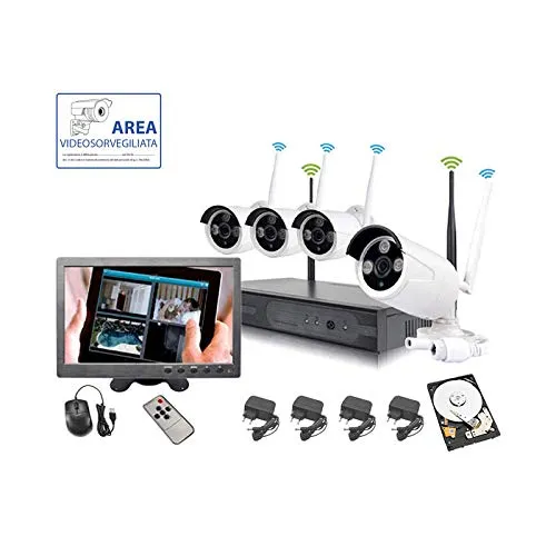 KIT VIDEOSORVEGLIANZA WIRELESS FULL HD IP 4 TELECAMERE 2 MPX WIFI MONITOR 10" HD 500 GB