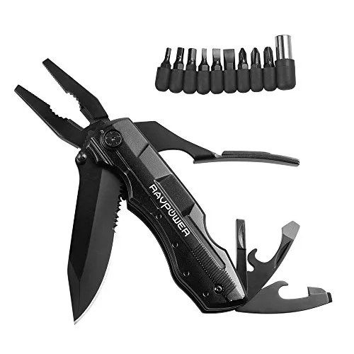 RAVPower IT RP-TL001 Coltello Tascabile Multifunzione 5-in-1 con Utensili in Acciaio Inossidabile Brunito, Pinza Multiuso (Fodero per la Cintura