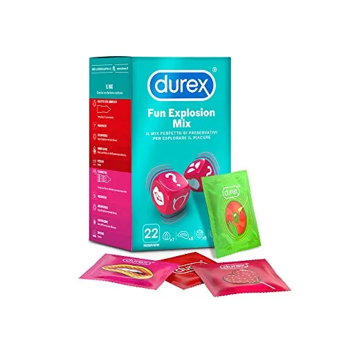 Durex Fun Explosion Mix di Preservativi Sottili, Con Rilievi e Nervature e Aromatizzati, 22 Profilattici, Esclusiva Online