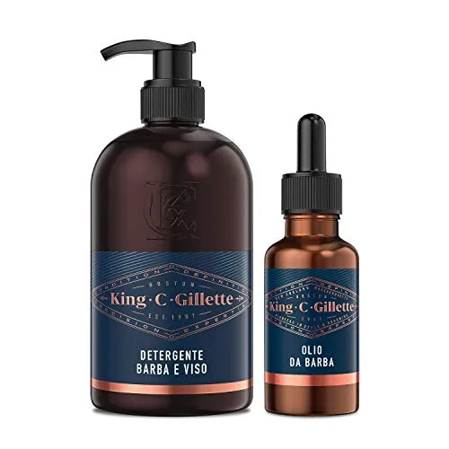 King C. Gillette Set Regalo per Cura della Barba Uomo, Detergente Barba e Viso Con Acqua di Cocco, Olio di Argan E Olio di Avocado + Olio da Barba da Uomo con Oli Vegetali di Argan, Jojoba e Avocado