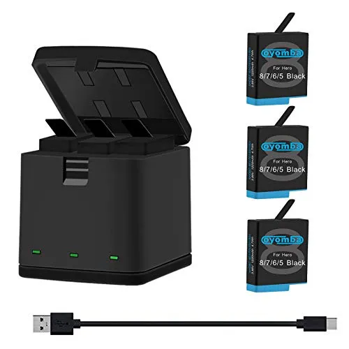 Oyomba Hero 8/7/6/5 Sostituzione Batteria (3-Pack) e 3 Canali LED USB Storage Box Adapter Compatibile con GoPro Hero 8/7 Black, Hero 5/6 Black, AHDBT-801