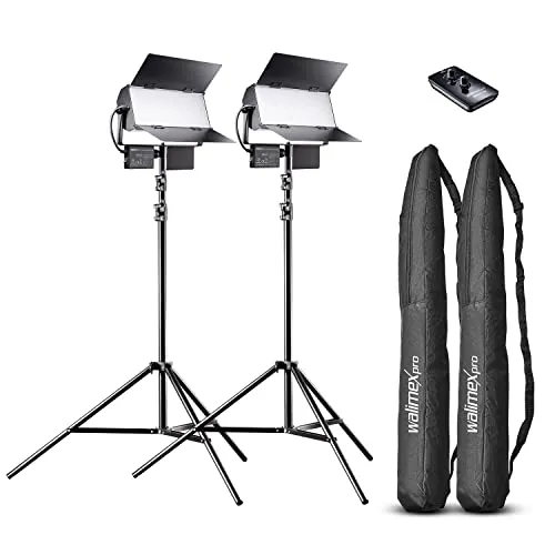 Walimex pro LED Sirius 160 Daylight panello LED Set da 2 treppiedi + telecomando - 2x 65W Daylight panello led fotografico,2x 65 Watt 6000 Lumen, 5600K, dimmerabile, per foto + video