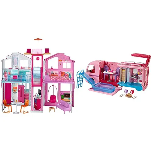 Barbie La Casa Di Malibu Per Bambole Con Accessori E Colori Vivaci, Giocattolo Per Bambini 3+ Anni & Fbr34 Camper Dei Sogni Per Bambole Con Piscina, Bagno, Cucina E Tanti Accessori, Giocattolo