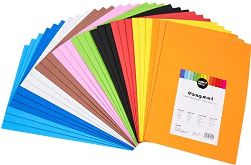 perfect ideaz 30 fogli DIN-A4 gomma piuma colorati, piastre in materiale espanso in 10 colori diversi, spessore di 2 mm, gomma spugna colorata, kit di schiuma per fare lavori manuali