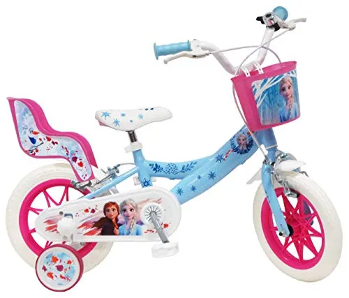 Disney - Bicicletta da 12" Frozen 2 (Frozen II) dotata di 2 freni, cestino anteriore e porta bambola posteriore + 2 stabilizzatori rimovibili da bambina, colore: Azzurro cielo bianco e fucsia