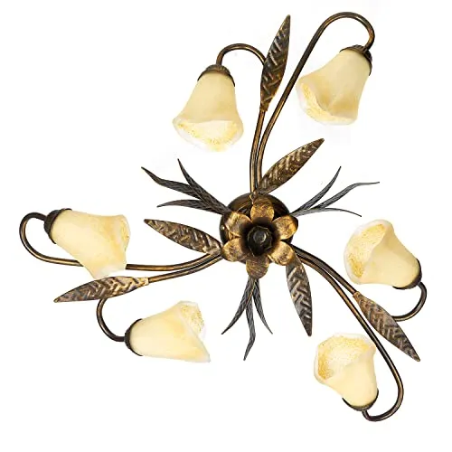 ONLI Forgiata - Lampada da Soffitto 6 Luci, Vetro opaco color Ambra, Metallo Marrone spennelato Oro