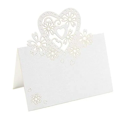 JZK 50 Perlato bianco cuore segnaposto segnatavolo carta bomboniera per matrimonio compleanno nascita battesimo comunione laurea Natale
