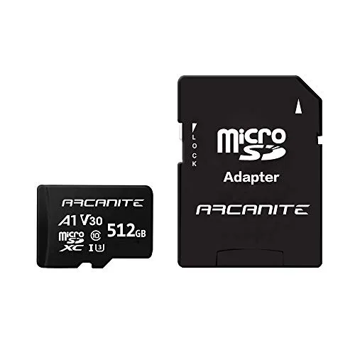 ARCANITE, 512 GB MicroSDXC scheda di memoria con adattatore SD, A1, UHS-I U3, V30, 4K, C10, Micro SD, Velocità di lettura fino a 90 MB/s