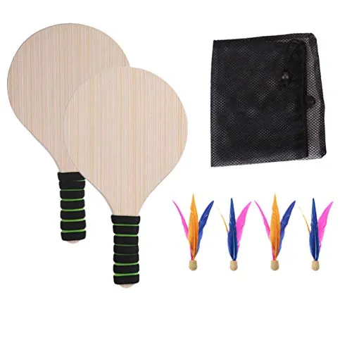 LIOOBO Set da Gioco Paddle da Spiaggia in Legno Palla da Badminton Giocattolo Sport Gioco Racchette Volani da Badminton per Bambini Adulti (Colore Manico Casuale)