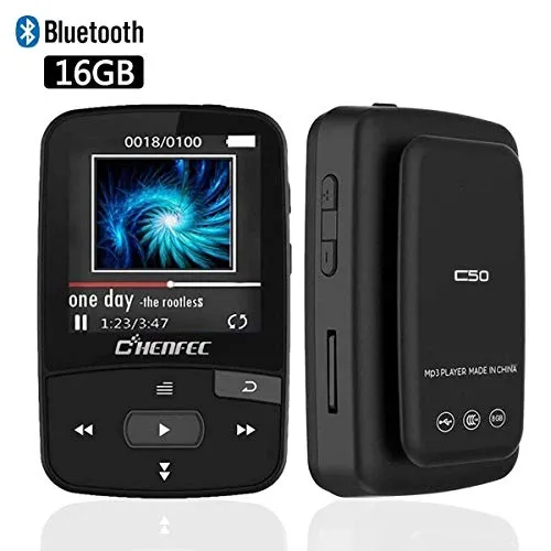 Chenfec, lettore MP3 Bluetooth nero con clip, 16 GB, con funzione di riproduzione casuale adatta per fare sport, supporta fino a 64 GB di memoria esterna