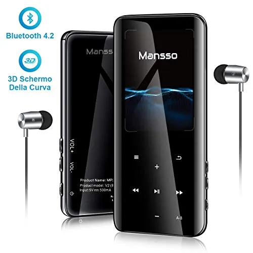 MANSSO Lettore MP3 8GB Bluetooth 4.2, con Radio FM/Registratore Vocale/E-book, MP3 Player Portatile, Effetto Specchio con schermo TFT da 2,4 pollici, per Sport e Corsa,Espandibile fino a 128GB (Nero)