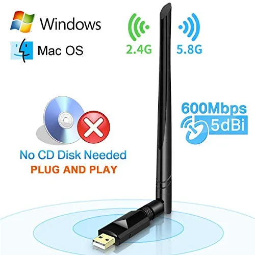 Maxesla WiFi Dongle Dual Bande 5GHz / 2.4GHz 5dBi Ricevitore WiFi 600Mbps, Nessun Bisogno di Driver, Wireless Adapter Wi-Fi USB Compatibile con Windows, Mac OS