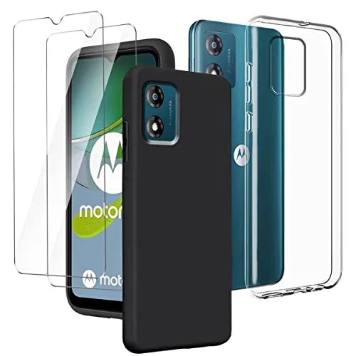 LYZXMY Cover per Motorola Moto E13 4G (6.5") Trasparente + Nero Custodia + [2 Pezzi] Pellicola Protettiva in Vetro Temperato - Morbido Silicone Protettivo TPU Case