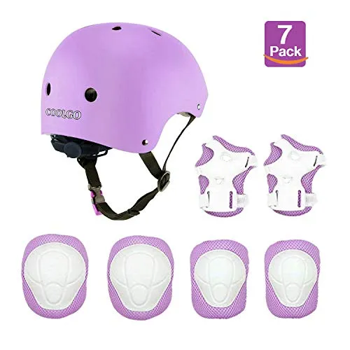 COOLGO Set di Protezioni Casco Bambini Regolabile Ginocchiere Gomitiere e Protezione Polso per Pattini a Rotella,Skateboard e Bicicletta per Bambina e Bambino (Viola)