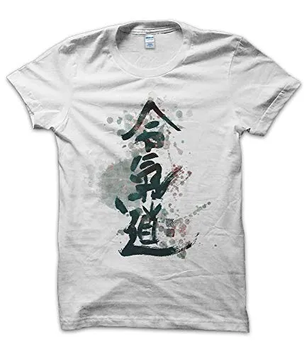 T-ShirtManiak Maglietta Aikido Paint - T-Shirt Arte Marziale Gym Scritta Giapponese Japan Style Kimono Bianca (S)