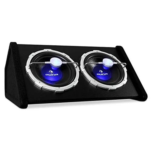 AUNA doppio subwoofer attivo per auto coppia diffusori bassi Hi-Fi amplificati (impianto car tuning, 2000W, 2 subwoofer da 30cm, illuminazione blu, rivestimento in feltro) - nero