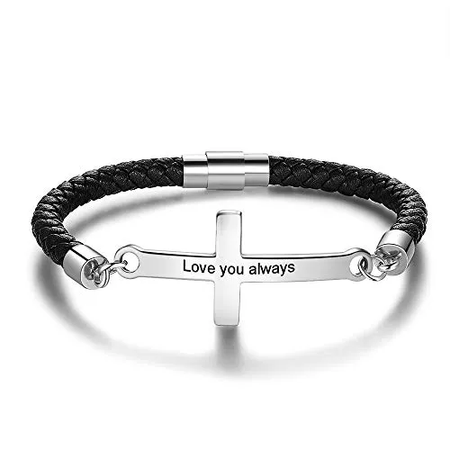 Personalizzata uomo nome bracciali croce in acciaio inossidabile ID bracciale in cuoio PU bracciale per amicizia regalo per uomo papà