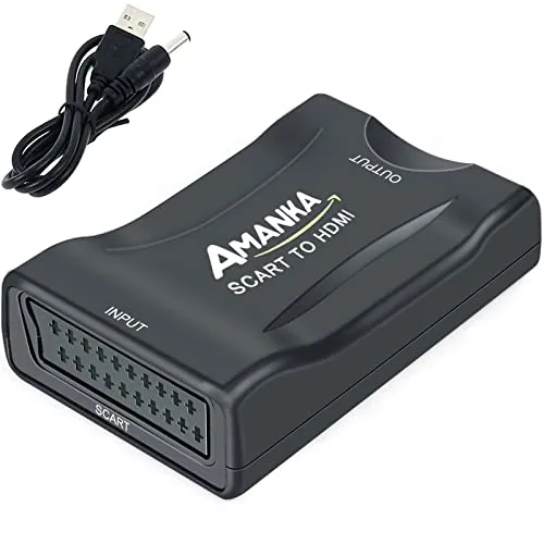 AMANKA Convertitore da SCART a HDMI Adattatore Audio Stereo HD Video Composito per SKY HD Blu Ray DVD TV PS3 con USB Cavo, Nero