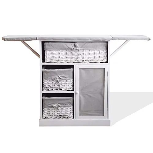 Rebecca Mobili Mobiletto per Cucire, Mobile da Stiro salvaspazio, Stile Shabby, Bianco Grigio, Lavanderia Cucina - Misure: 84 x 137 x 35 cm (HxLxP) - Art. RE6066