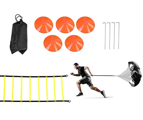 Rehomy Set di Allenamento per velocità e agilità, Include 1 Paracadute di Resistenza e 6 m di Scala di velocità, 4 picchetti in Acciaio, 5 Coni per Dischi o Supporto per lallenamento di Calcio