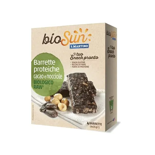 BIOSUN - Barrette Proteiche Cacao e Nocciole Biologiche, 4 barrette per 140g, Snack Proteici, Ricco di Fibre, Raw crudo, Snack Sano e Nutriente, senza Glutine, Biologico, Made in Italy