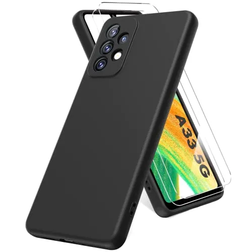 Vansdon Cover Compatibile con Samsung Galaxy A33 5G, 2 Pellicola Protettiva in Vetro Temperato, Gomma Gel di Silicone Liquida Antiurto Custodia - Nero