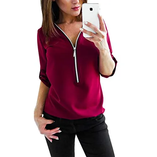 ARbuliry Camicie e Camicette da Donna Camicia in Chiffon Sciolto Tinta Unita Manica Lunga Scollo a V Top Casual Camicie con Colletto Aperto con Mezza Cerniera vestibilità Slim