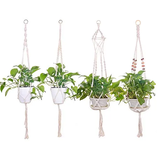 Ulikey 4 Pezzi Fioriere Sospese in Macrame da Interno ed Esterno, Corda a Forma di Vaso, Appendiabiti per Piante Macrame, Plant titolari, Piante Sospese Plant Hangers - 108cm