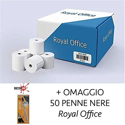 RoyalOffice 50 Rotoli Termici 80x80 Per Cassa - Confezione 50 Rotolini Carta Termica 80x80 mt Per Registratore Di Cassa, Scontrini Fiscali E Scommesse Più 50 Penne Royal Office Nere