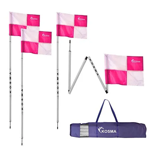 Kosma - Set di 4 bandierine angolari pieghevoli per allenamento di calcio, dimensioni: 5 m x 25 mm, con punta in metallo e bandiere quadranti, colore: Rosa/Bianco