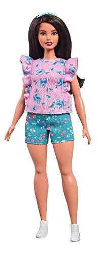Barbie- Fashionistas Bambola con Maglietta Floreale Rosa e Pantaloncini Blu, Multicolore, FJF43