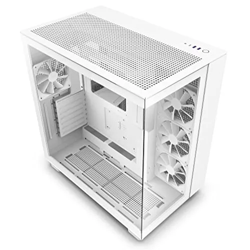 Case per PC gaming mid-tower ATX a doppia camera NZXT H9 Flow, Pannello superiore forato per un elevato ricircolo dell'aria, Pannello frontale e laterale in vetro temperato, Bianco, CM-H91FW-01