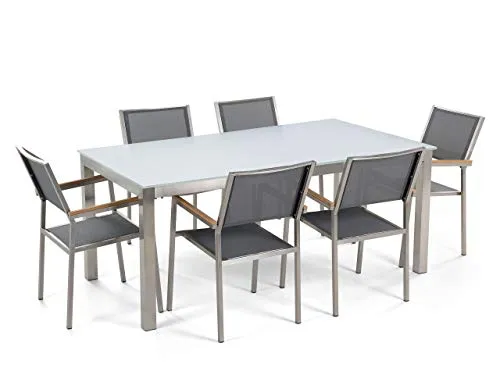 Set Tavolo e sedie da Giardino - in Vetro temperato Bianco e Fibra Tessile Grigia - Tavolo 180 con 6 sedie - GROSSETO