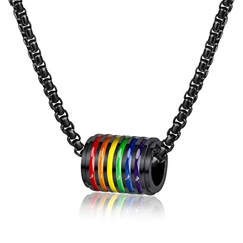 PHOGARY LGBT Necklace Gay Pride Collana Accessorio, Gioielli con Ciondolo con Perline Arcobaleno con Catena (Acciaio Inossidabile), Borsa Regalo per Uomo Donna (Nero)