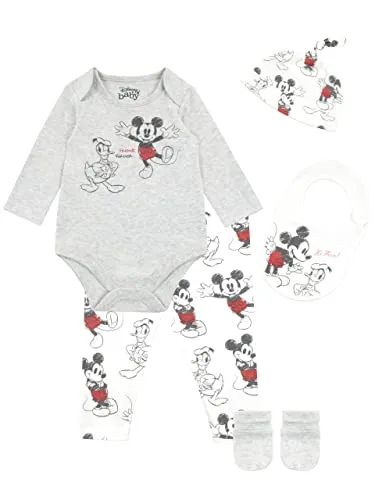 Disney Set Body 5 Pezzi Mickey Mouse e Donald Duck con Cappellino e Bavaglino Bimbi Tutina per Neonati 0-3 mesi Multicolore
