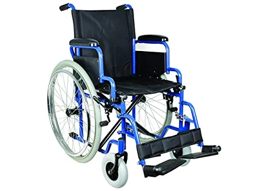 GIMA Carrozzina OXFORD, Sedia a Rotelle Pieghevole, Autospinta, Ruote posteriori Pneumatiche e Anteriori Piene, Telaio in Acciaio Blu, Tessuto Nero, Braccioli Imbottiti, Seduta 51 cm, Portata 120 kg