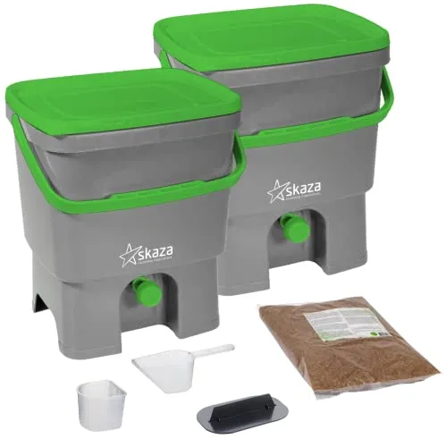 Skaza Bokashi Organko Set (2 x 16 L) Compostiera 2X per Giardino e Cucina in plastica Riciclata | Starter Set con Miscela di fermentazione Bokashi Organko 1 kg (Grigio-Verde)