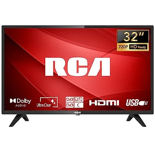 RCA 32 Pollici Televisori LED TV HD Ready Triplo Sintonizzatore(DVB-T/T2-C-S/S2) Dolby Audio HDMI USB Collegare Fire TV Apple TV Monitor per PS5 Xbox Modello Hotel Camera da Letto Salotto Nero