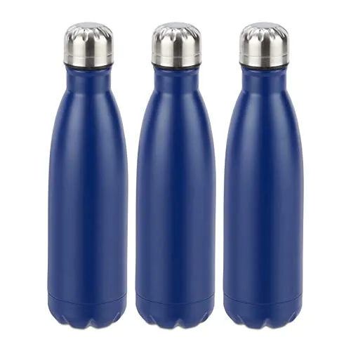 Relaxdays 3X Bottiglia Termica in Acciaio Inox, Chiusura Ermetica, Bevande Calde e Fredde, Borraccia Isolante 500 ml, Blu Scuro