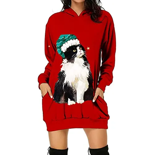 Merry Christmas Top per le donne Pullover Felpa con cappuccio con tasche Natale Lunga Plus Size con coulisse Mini Abito Manica Lunga Camicetta Allentata, Rosso, S