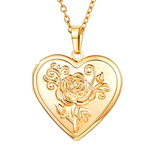 U7 Collana Pendente Donna Medaglione Cuore Scultura Rosa Locket Portafoto, Catena Regolabile, Placcato Oro 18K, Regalo Natale per Moglie, con Confezione, Colore Oro